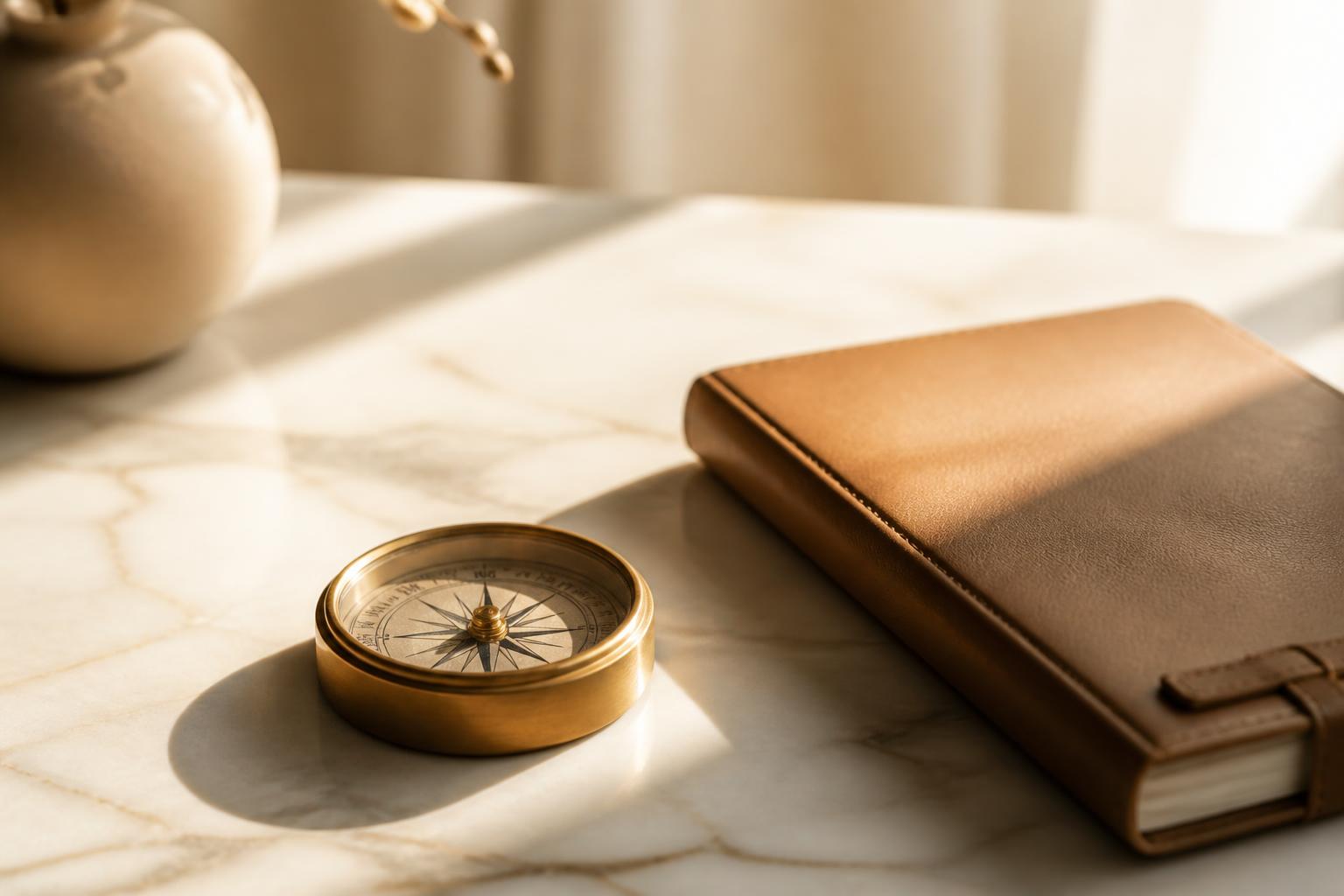 Calm, organised desk with a brass compass and leather journal